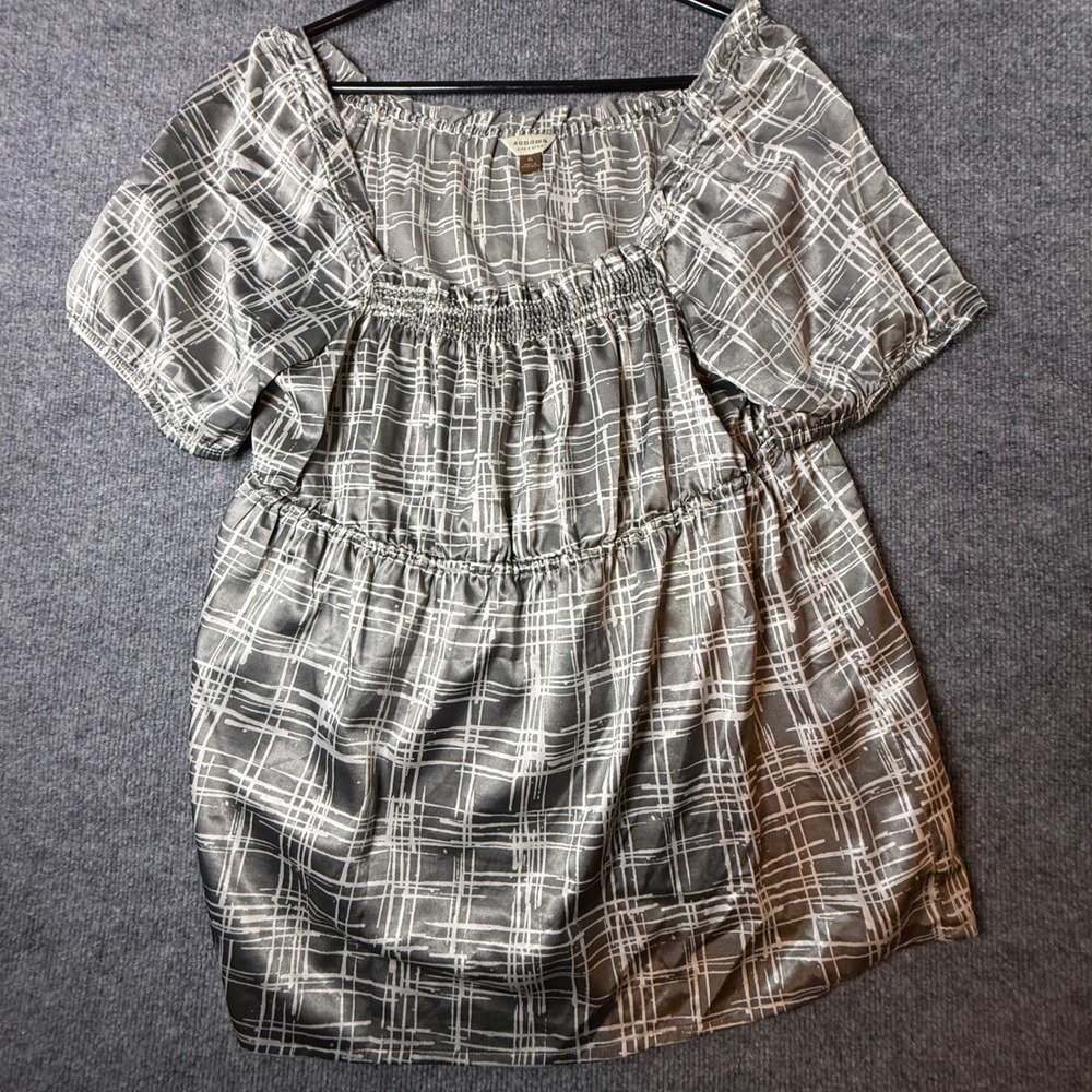 Sonoma Goods for Life Womens XL Gray White Grid Smocked Empire Waist Blouse Top